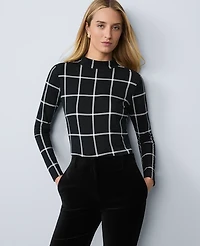 Ann Taylor Windowpane Mock Neck Top Black Women's