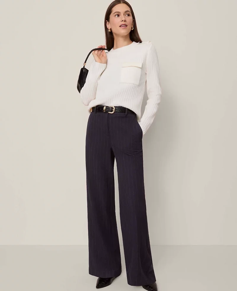 Ann Taylor Petite Ribbed Pocket Sweater Winter White Women's