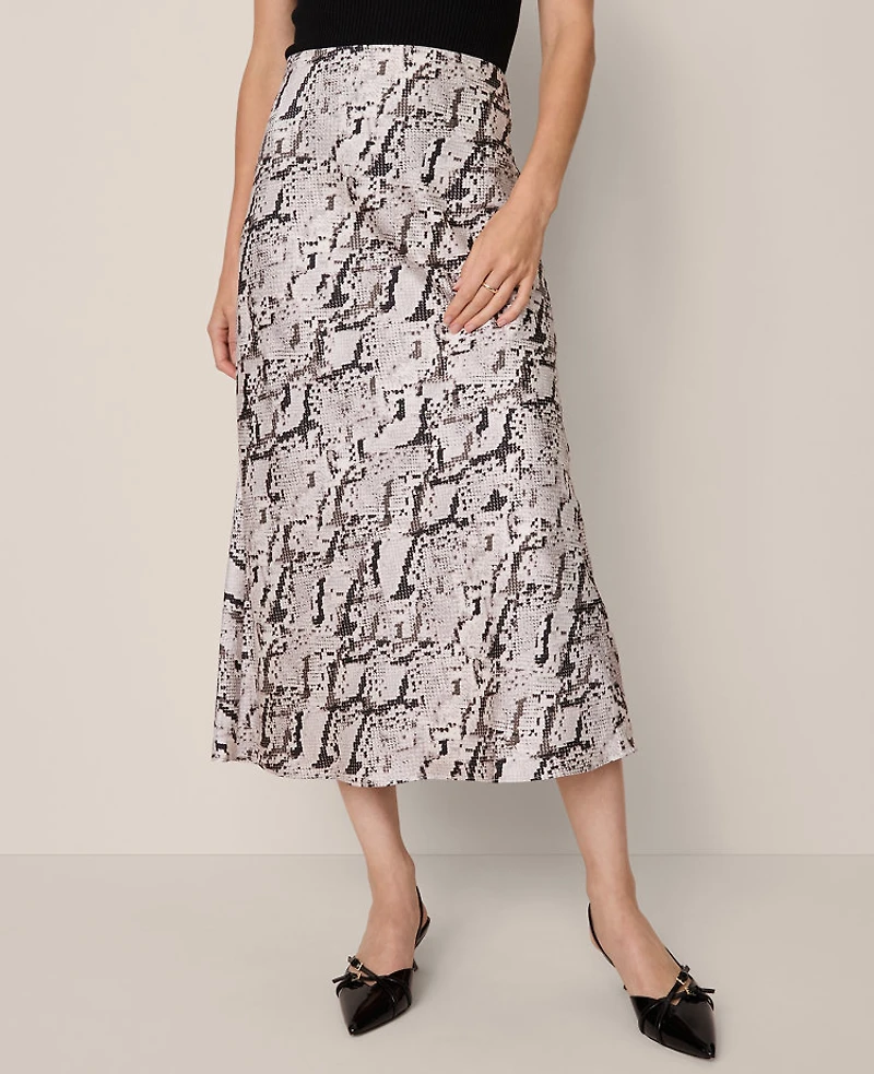 Ann Taylor Petite Snake Print Satin Bias Slip Skirt Winter White Women's