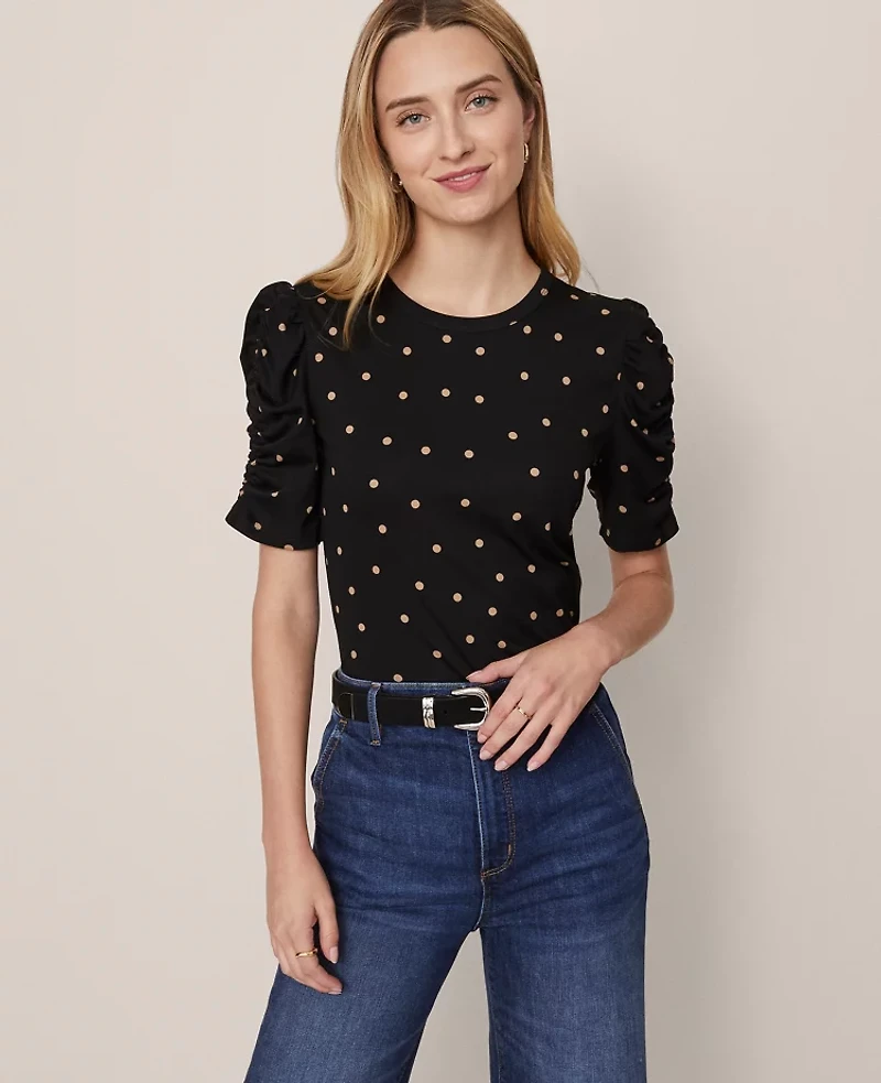 Ann Taylor Dotted Shirred Sleeve Top Cafe Au Lait Women's