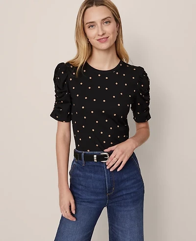 Ann Taylor Dotted Shirred Sleeve Top Cafe Au Lait Women's