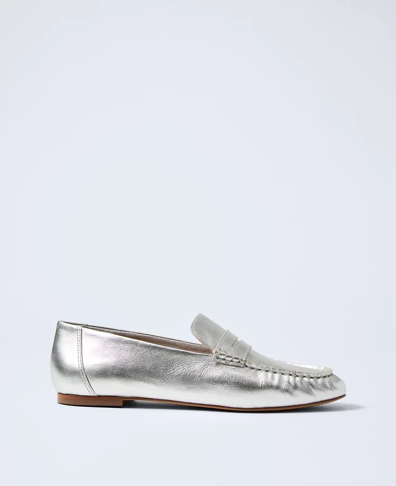 Ann Taylor Metallic Leather Loafer Silver Women's