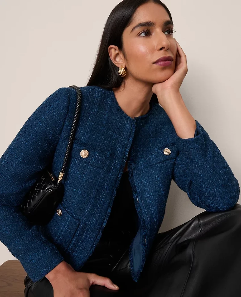 Ann Taylor The Petite Cropped Crew Neck Jacket Tweed Moonlit Backdrop Women's