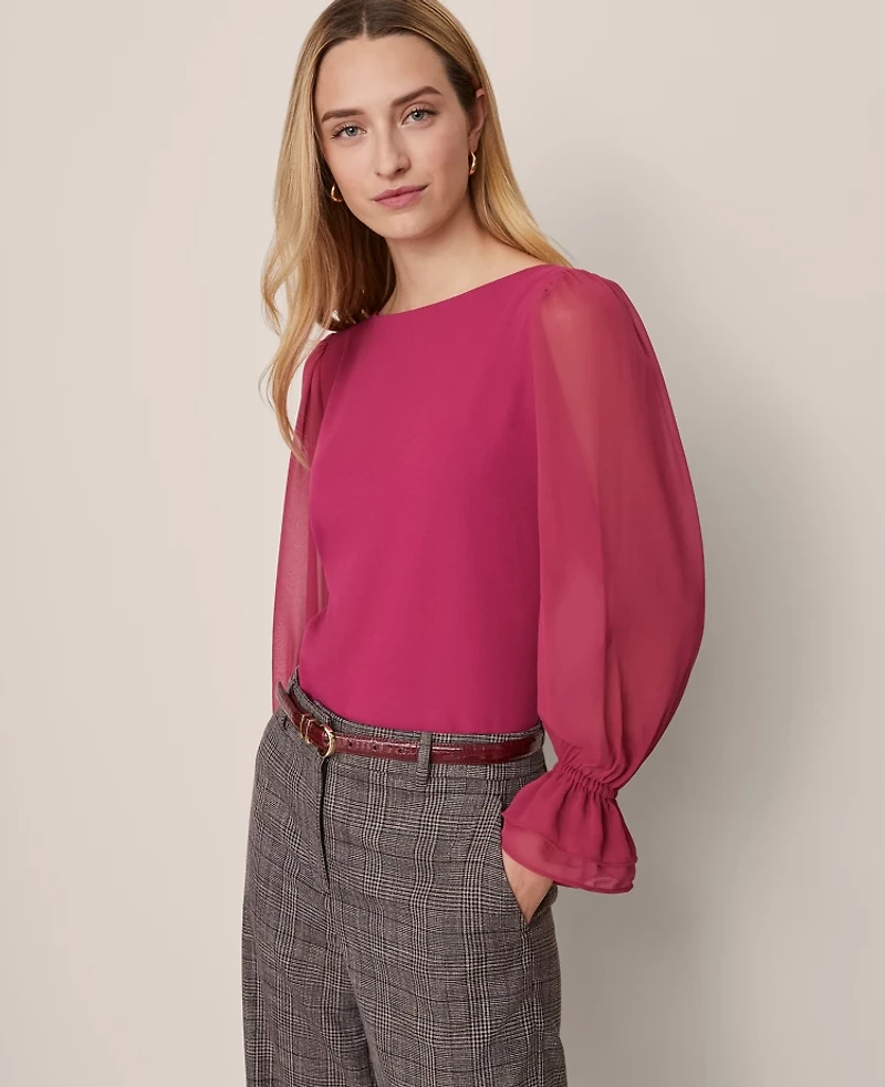 Ann Taylor Mixed Media Pleated Sleeve Top Women's