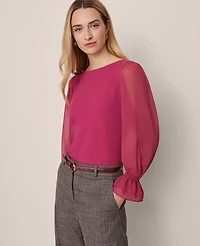 Ann Taylor Mixed Media Pleated Sleeve Top Women's