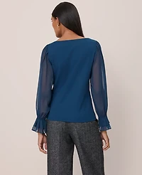 Ann Taylor Mixed Media Pleated Sleeve Top Women's