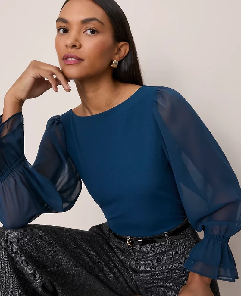 Ann Taylor Mixed Media Pleated Sleeve Top Women's