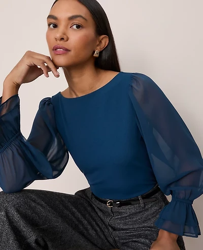 Ann Taylor Mixed Media Pleated Sleeve Top Women's