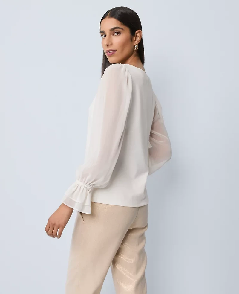 Ann Taylor Mixed Media Pleated Sleeve Top Women's