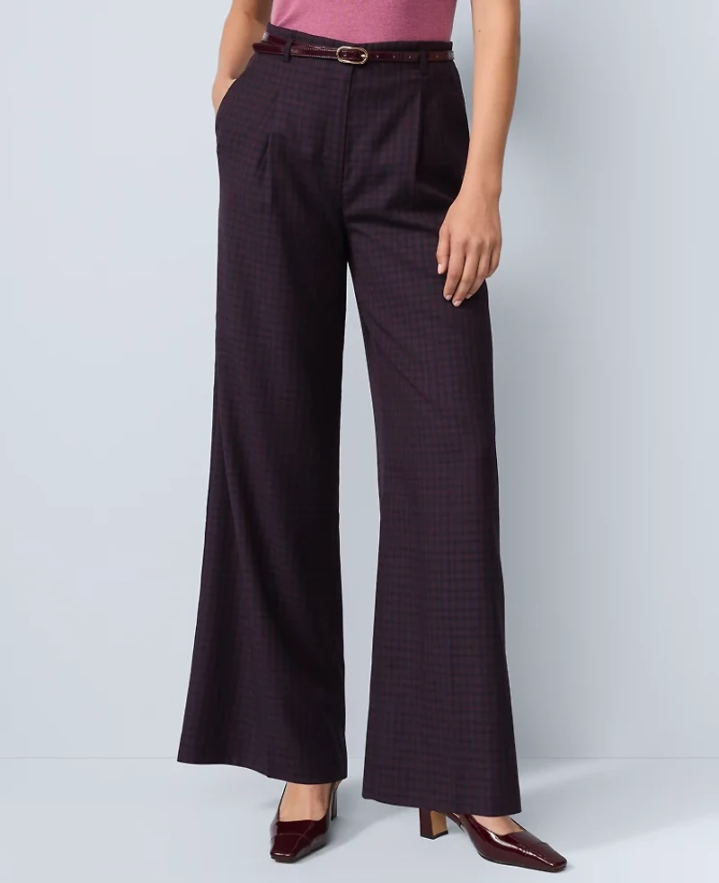 Ann Taylor Studio Collection Belted Pleated Wide-Leg Pant Plaid Red/Blue Women's