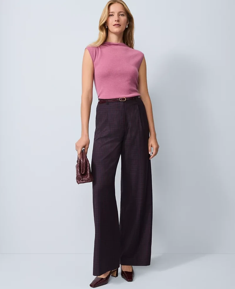 Ann Taylor Studio Collection Belted Pleated Wide-Leg Pant Plaid Red/Blue Women's