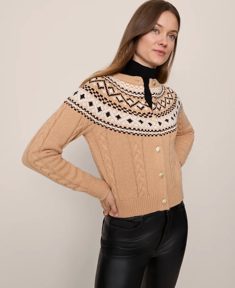 Ann Taylor Fair Isle Cable Cardigan Cafe Au Lait Women's