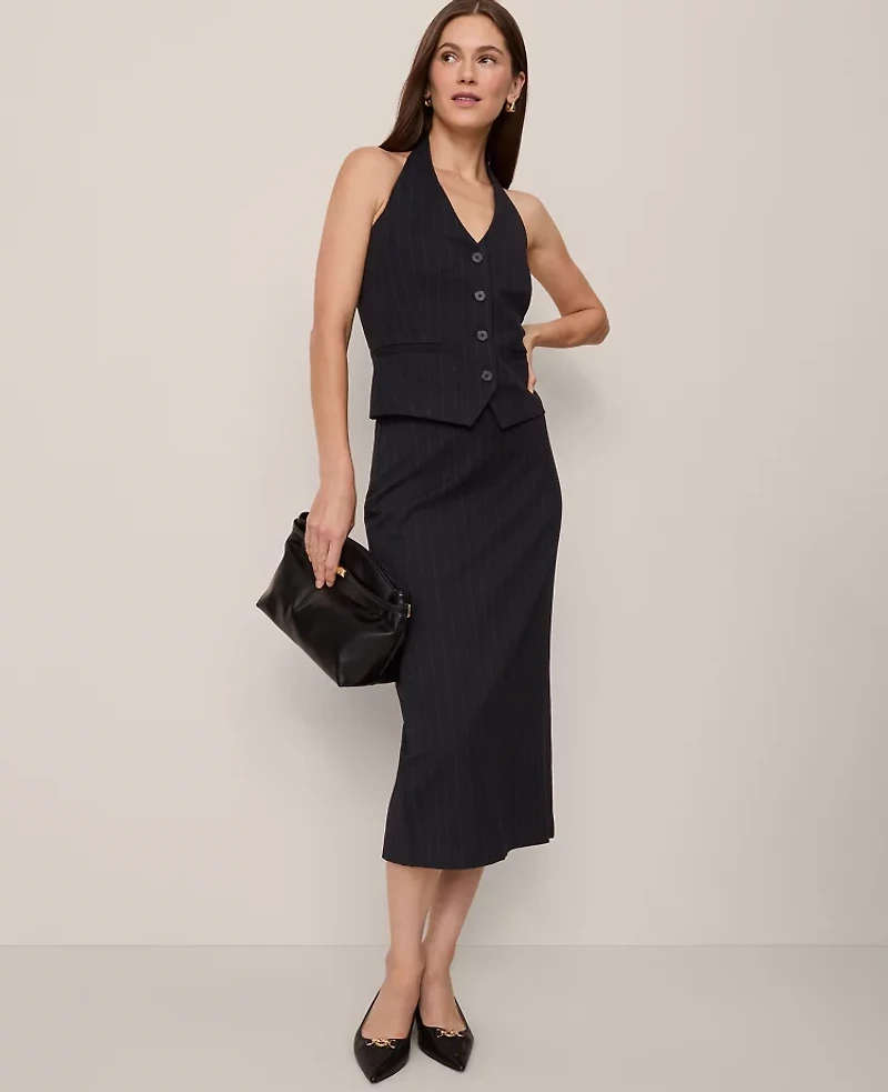 Ann Taylor Belted Pinstriped Pencil Skirt Navy/White Pinstripe Women's