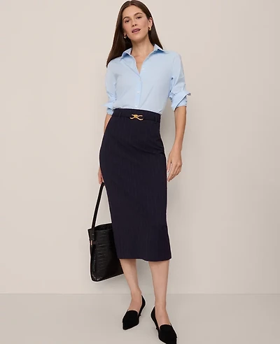 Ann Taylor Belted Pinstriped Pencil Skirt Navy/White Pinstripe Women's