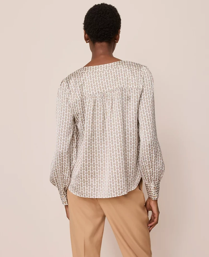 Ann Taylor Chain Link Print Satin Popover Top Cafe Au Lait Women's