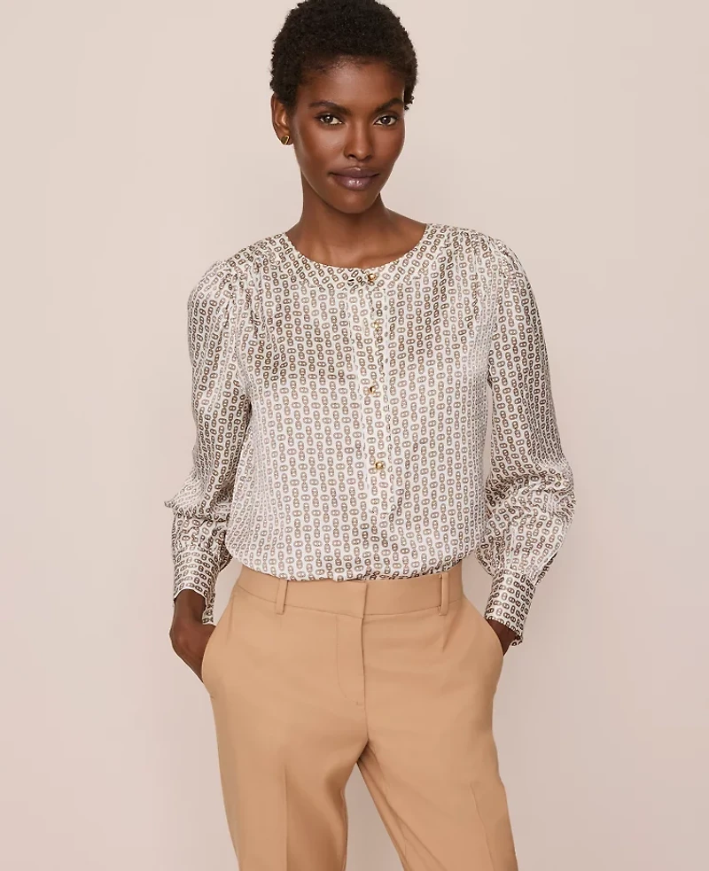 Ann Taylor Chain Link Print Satin Popover Top Cafe Au Lait Women's