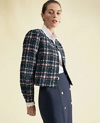 Ann Taylor The Crew Neck Jacket Plaid Tweed Pink/Blue Women's