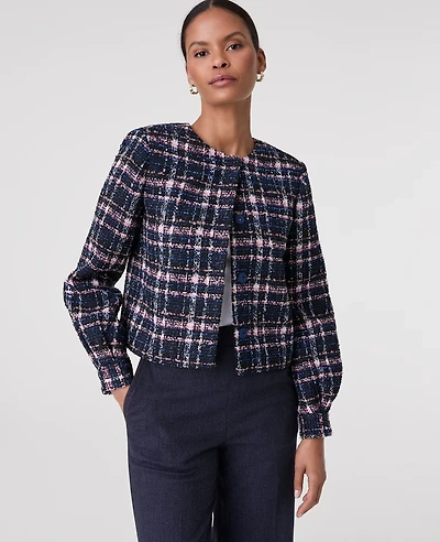 Ann Taylor The Crew Neck Jacket in Plaid Tweed Size 10 Pink/Blue Plaid Women's