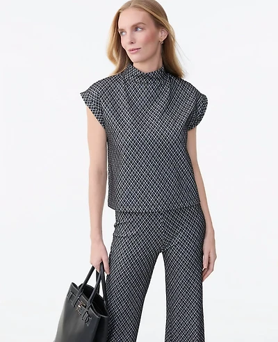 Ann Taylor Plaid Mock Neck Top Black Women's