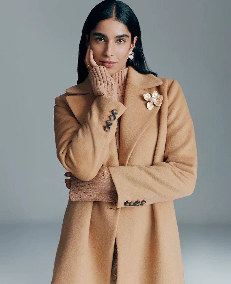 Ann Taylor Petite Double Breasted Long Coat Cafe Au Lait Women's