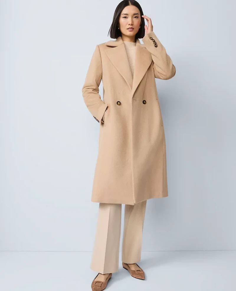 Ann Taylor Petite Double Breasted Long Coat Cafe Au Lait Women's