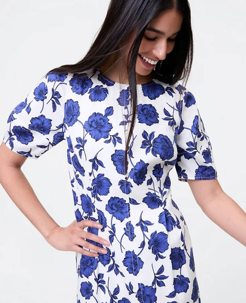 Ann Taylor Floral Linen Blend Midi Dress Electric Periwinkle Women's