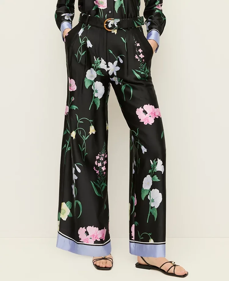 Ann Taylor The Floral Pleated Wide Leg Pant Satin Black Women's