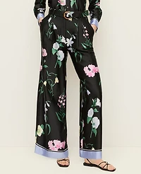 Ann Taylor The Floral Pleated Wide Leg Pant Satin Black Women's