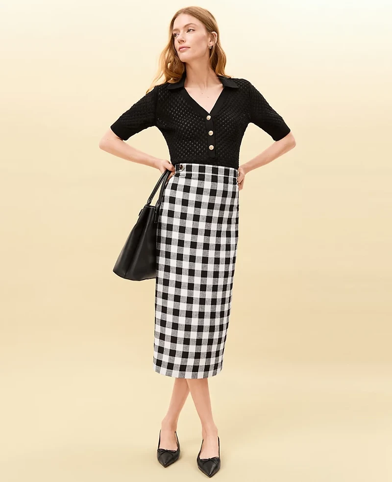 Ann Taylor The Button Midi Skirt Gingham Linen Blend Black - Ww Women's