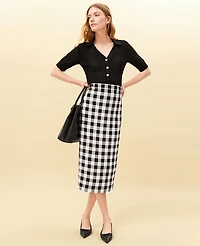 Ann Taylor The Button Midi Skirt Gingham Linen Blend Black - Ww Women's