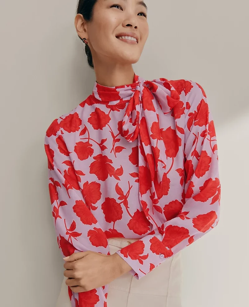Ann Taylor Floral Bow Blouse Fiery Sunset Women's