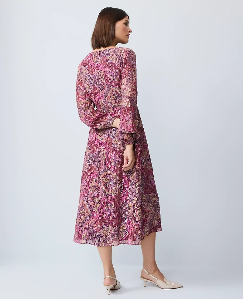 Ann Taylor Draped Paisley Midi Dress Poised Plum Women's