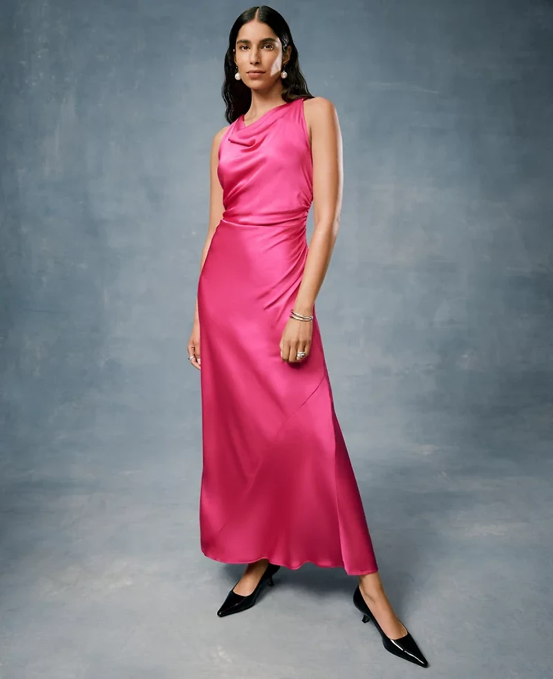 Ann Taylor Halter Bias Satin Maxi Dress Electric Pink Women's
