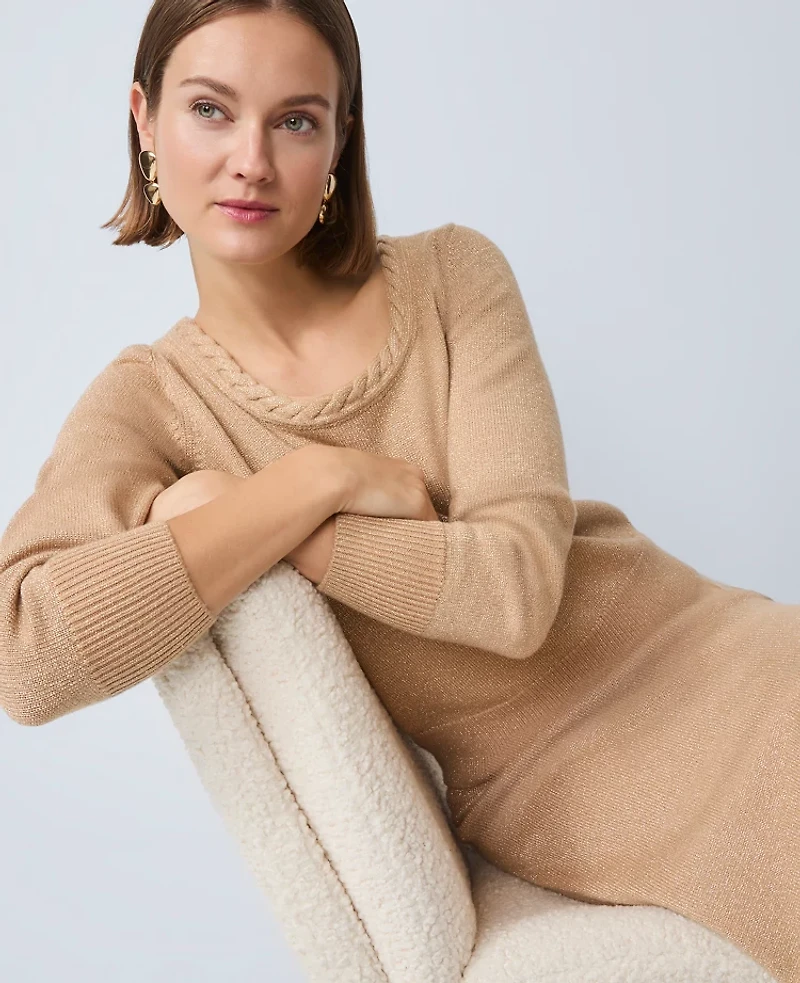 Ann Taylor Petite Metallic Braided Neck Sweater Cafe Au Lait Women's