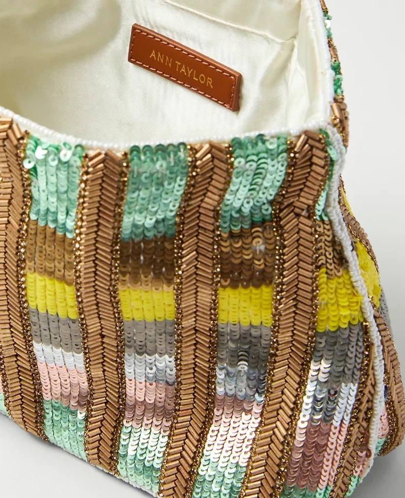 Ann Taylor Striped Sequin Clutch Handbag Pink Petal Women's