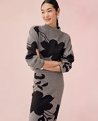 Ann Taylor Petite Herringbone Floral Jacquard Sweater Size Medium Black Women's