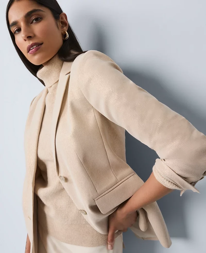 Ann Taylor The Petite Greenwich Blazer in Metallic Jacquard Size 12 Gold/White Women's