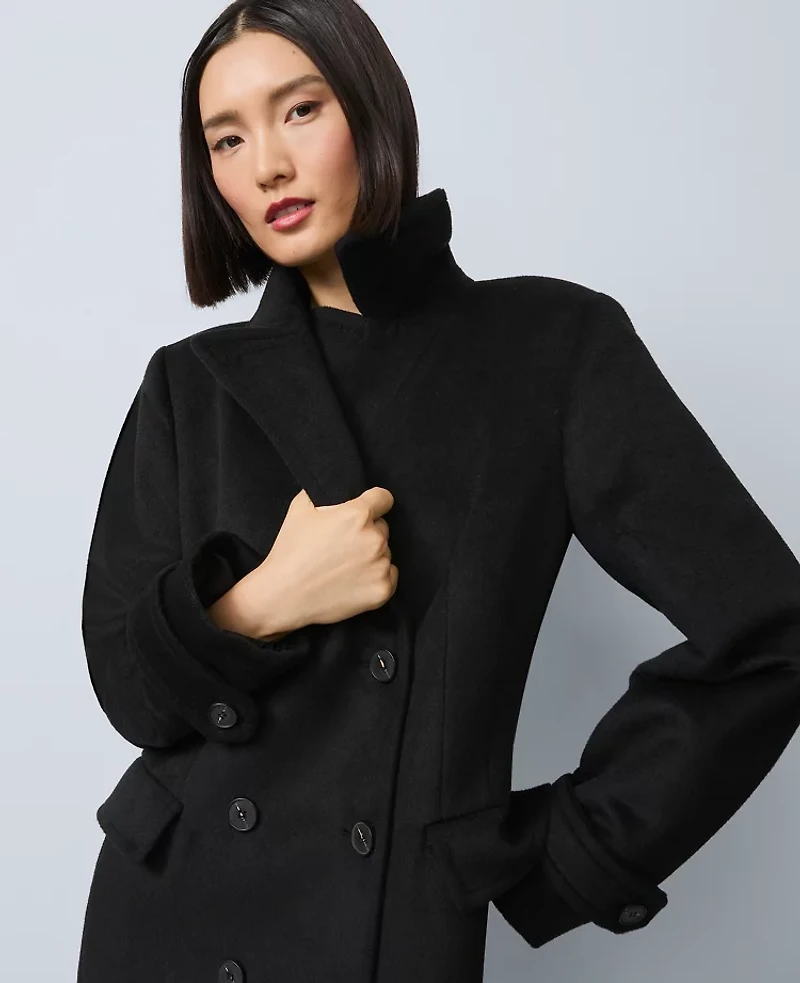 Ann Taylor Petite Fitted Double Breasted Long Coat Black Women's