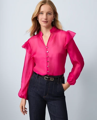 Ann Taylor Petite Ruffle Trim Blouse Electric Pink Women's