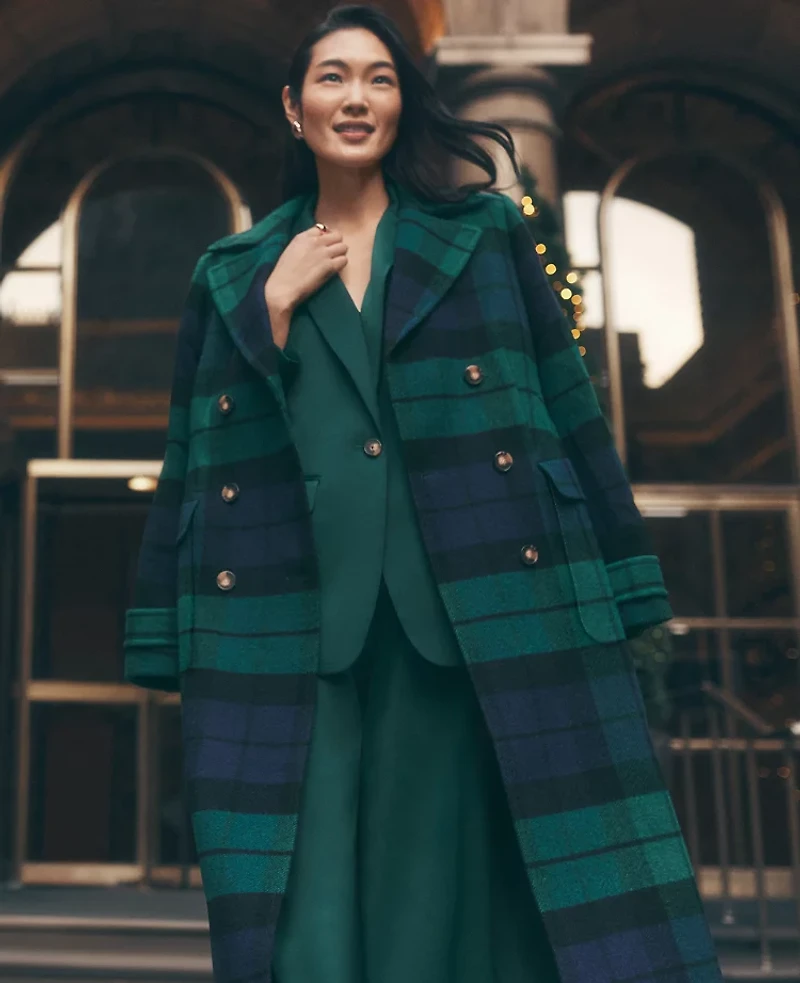 Ann Taylor Petite Plaid Fitted Double Breasted Coat Rainforest Women's