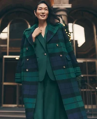 Ann Taylor Petite Plaid Fitted Double Breasted Coat Rainforest Women's