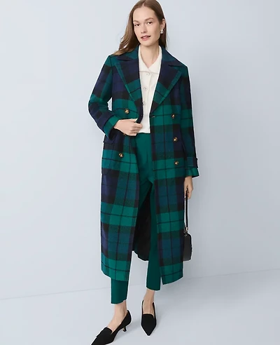 Ann Taylor Petite Plaid Fitted Double Breasted Coat Rainforest Women's