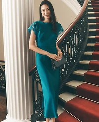 Ann Taylor Petite Lace Trim Satin Midi Dress Pacific Shore Women's