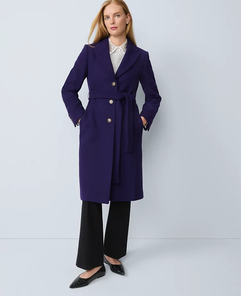 Ann Taylor Petite Belted Notch Collar Coat Midnight Mulberry Women's