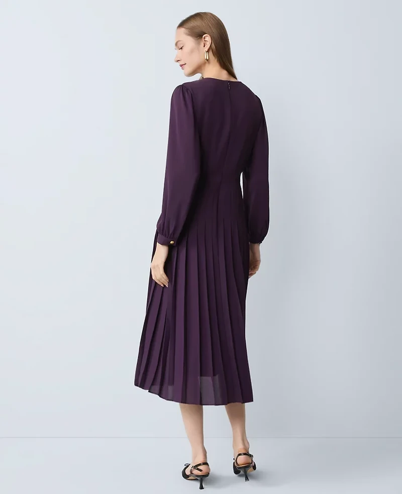 Ann Taylor Petite Pleated Button Flare Midi Dress Aubergine Dream Women's