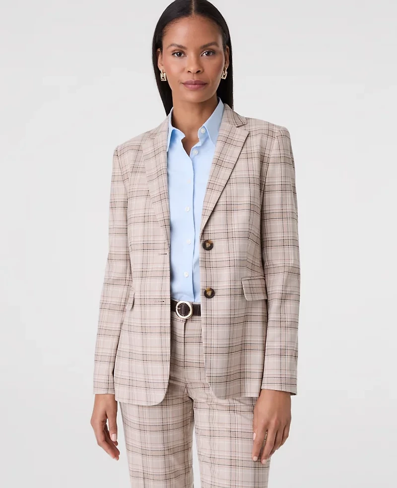 Ann Taylor The Greenwich Blazer Plaid Tweed Tan/Navy Women's