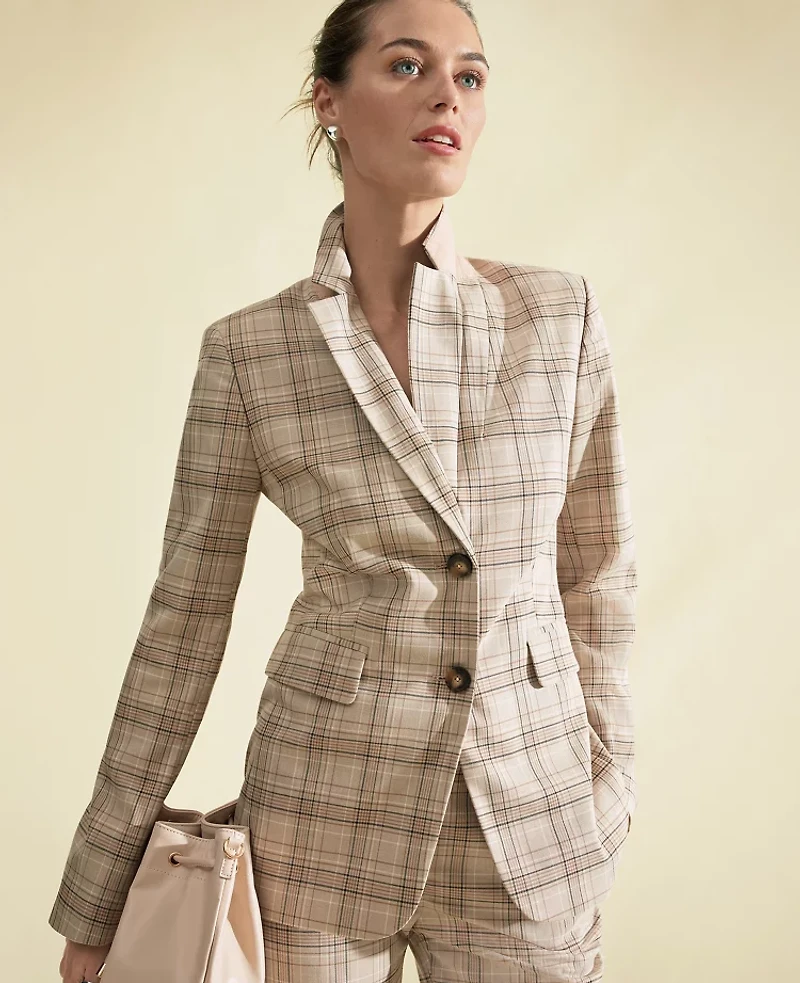 Ann Taylor The Greenwich Blazer Plaid Tweed Tan/Navy Women's