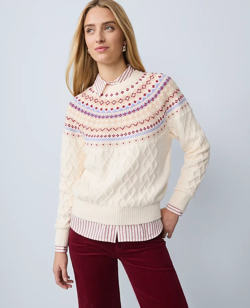 Ann Taylor Petite Weekend Collection Fair Isle Cable Sweater Peaceful Periwinkle Women's