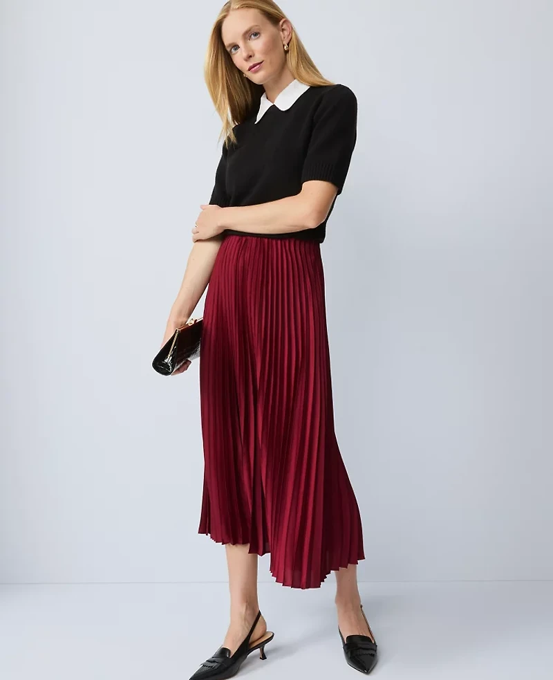 Ann Taylor Satin Pleated Midi Skirt Cherry Pie Women's
