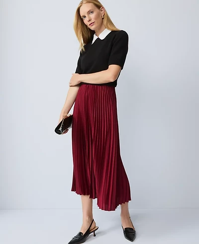 Ann Taylor Satin Pleated Midi Skirt Cherry Pie Women's